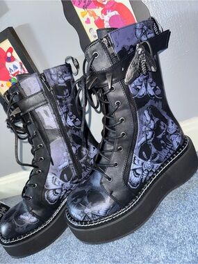 Demonia Emily Painted Moth Platform Gothic Lace-Up Boots